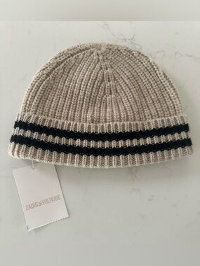 Zadig & Voltaire Beige Knit Beanie with Black Stripes